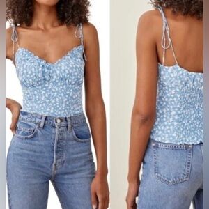 Reformation Robertson Floral Blue Tie Shoulder Tank Blouse in Marie Size 12